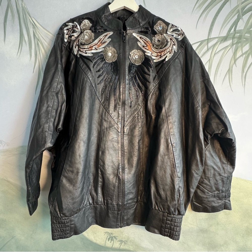 Embroidered Black Leather Jacket vintage size M - Picture 2 of 11